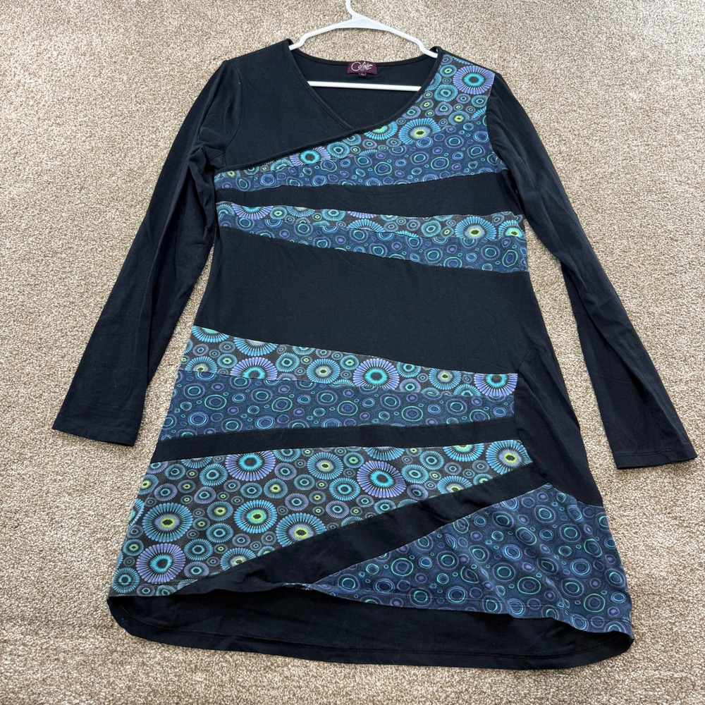 Coline Womens Large Black Long Tunic Dress Teal Purple Geometric Blue Boho